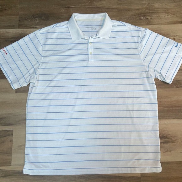 Nike Polo Shirt Mens XXL Standard Fit Dri-FIT Blue Striped Golf JANUS embroidery - Picture 2 of 9